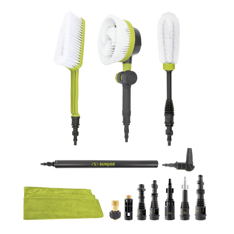Sun Joe Auto Cleaning System for Most Pressure Washers | W/ 180° Rotating Brush, Feather Bristle Brush, Wheel/Rim Detailing Brush, Undercarriage Turbo Nozzle, Microfiber Cleaning Cloths & Universal Adapters for Most Brands up to 3500-PSI - 图片 2