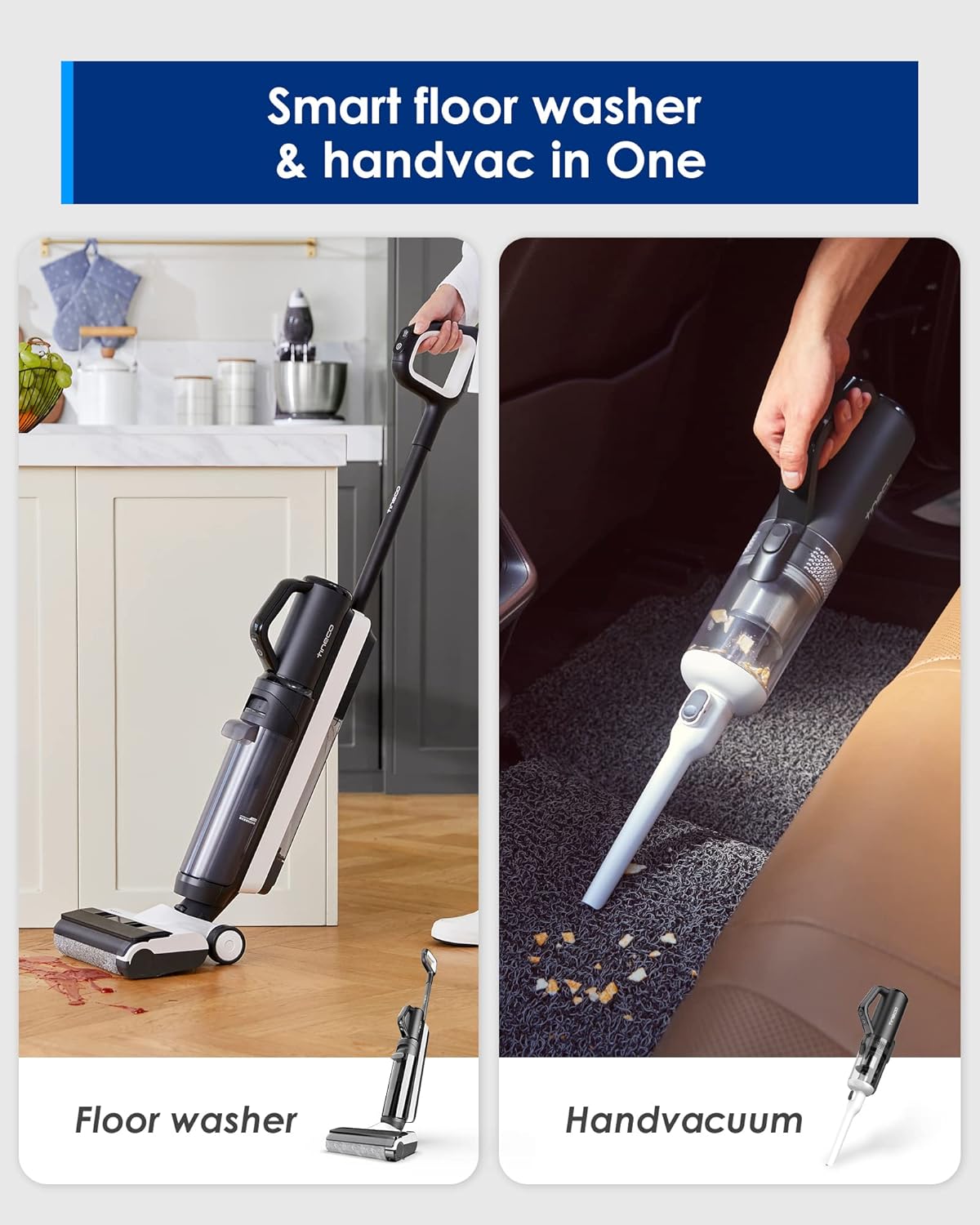 Tineoc Floor ONE S5 Smart Cordless Wet Dry Vacuum Cleaner and Mop for Hard Floors, Digital Display, Long Run Time, Great for Sticky Messes and Pet Hair, Space-Saving Design, Blue - Image 3